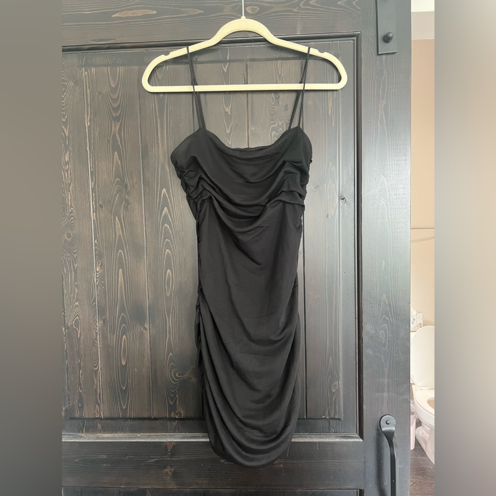 Ruched body con mini dress , black